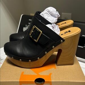 Kork-Ease Black Leather Mules with Wooden Heel